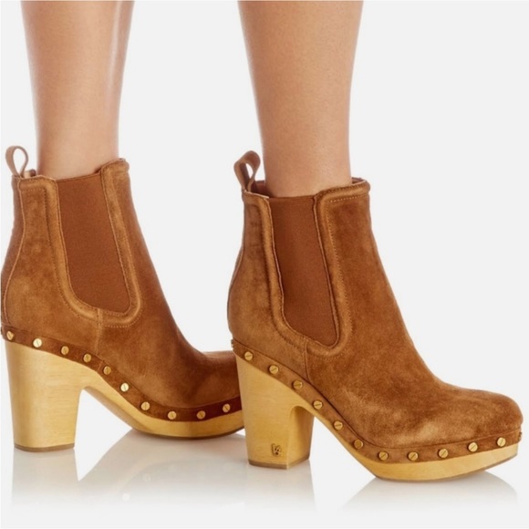 Veronica Beard Decker Suede Clog Chelsea Boots Booties 9.5 Chestnut